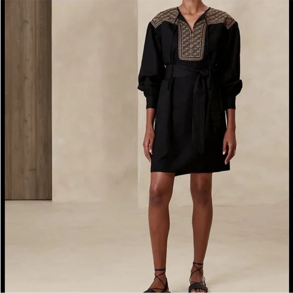 Banana Republic Black Embroidered Linen-Blend Mini Dress
